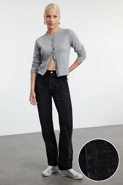 Trendyol Collection High Waist Black Suede Look Straight Jeans - Twoaw25Je00194