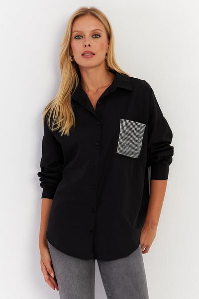 Cool & Sexy قميص نسائي أسود بتفاصيل حجرية - جيب ZER414
