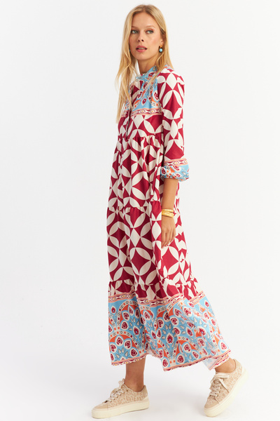 Cool & Sexy Burgundy Patterned Flounce Maxi Women's Dress - Yle14