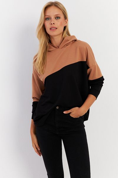 Cool & Sexy Dámská mikina s kapucí Camel-Black Color Blocked - Da148