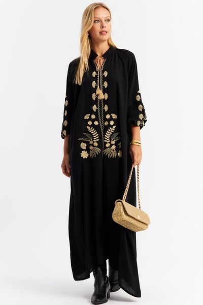 Cool & Sexy Black Embroidered Maxi Cord Detailed Women's Dress Alo3