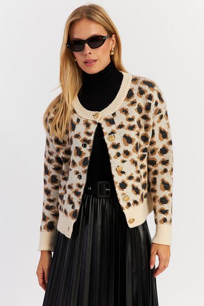 Cool & Sexy Ecru Leopard Patterned Women's Cardigan - Yv285
