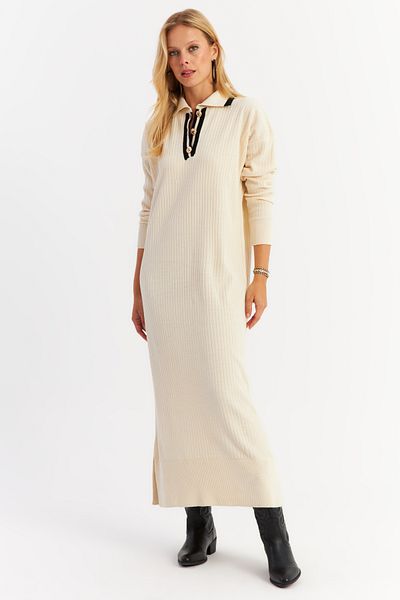 Cool & Sexy Ecru Polo Neck Maxi Knitwear Φόρεμα - NUV17