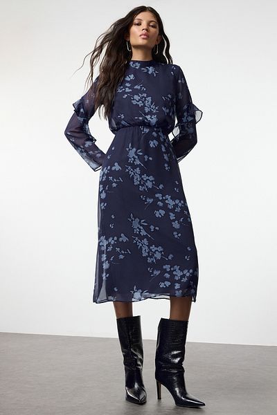 Trendyol Collection Sötétkék virágmintás - A-vonalú midi téli ruha TWOAW25EL00348