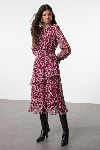 Trendyol Collection Winter Midi Dress - Red, Flounce Detail, Lined and Chiffon Woven Twoaw25El00335