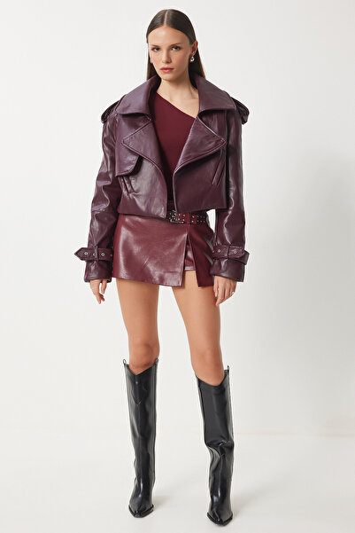 Happiness İstanbul Claret Red Oversize dámská bunda z umělé kůže - Oh00059