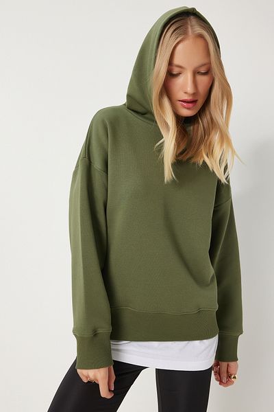 Happiness İstanbul Khakifarbenes Damen-Sweatshirt mit Kapuze – Raster OW00050