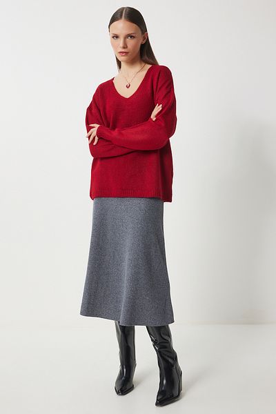 Happiness İstanbul Roter Strickpullover mit V-Ausschnitt für Damen ZA00063