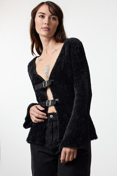 Trendyol Collection Black Closure Furry Knitwear Cardigan Twoaw25Hi00112