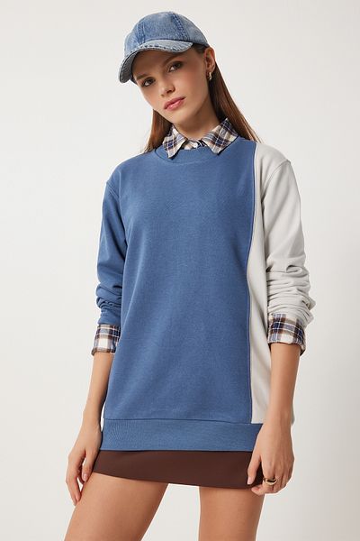Happiness İstanbul Indigoblaues Damen-Sweatshirt mit Blockmuster – VN00021