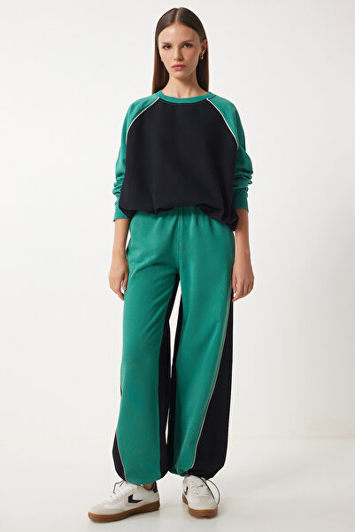 Happiness İstanbul Γυναικείο Σετ Φούτερ τζιν πράσινο μαύρο μπλοκ CV00036