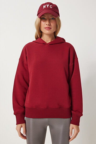 Happiness İstanbul Bordó kapucnis raszteres női pulóver - OW00050