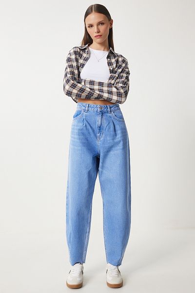Happiness İstanbul Blaue Baggy-Jeanshose mit hoher Taille für Damen UT00021