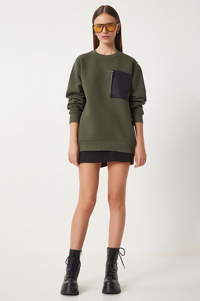 Happiness İstanbul Khakifarbenes Damen-Sweatshirt VN00020 mit Reißverschlusstasche