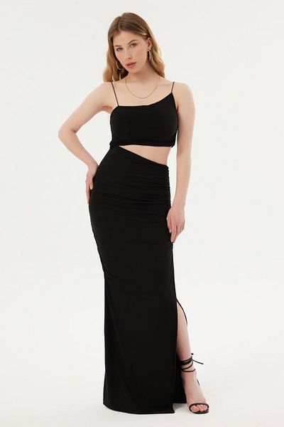 Hiccup Asymmetrical Side Cutout Detail Maxi Dress with Shoulder Straps