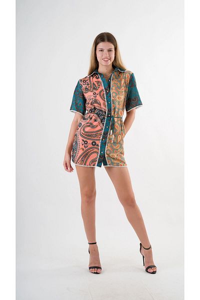 hazelin Green Yellow Cubed Shirt Dress - Rope Belt, Hzl24S-Yy237