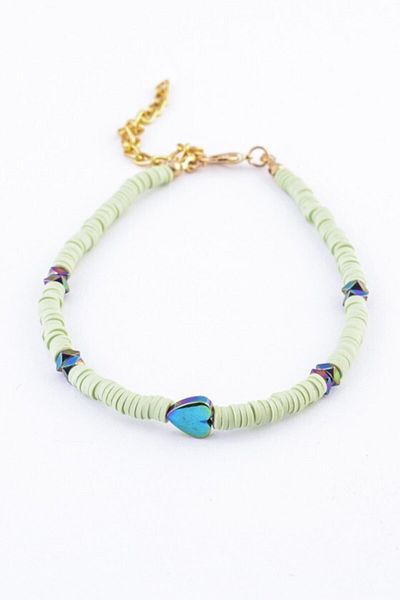Artikel Light Green Fimo Bead Hematite Heart Detailed Chain Anklet, Foot Bracelet