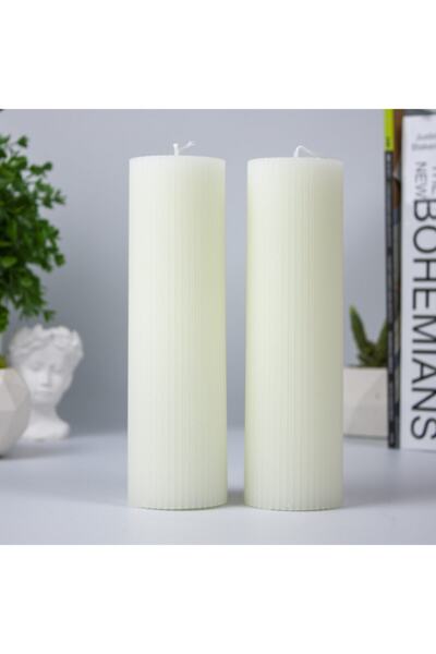 Mument El Yapımı Oluklu Silindir Mum 20 Cm– 2’li Set – Krem– Uzun Süreli Yanı...