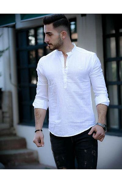 ECK MODA Men's White Judge Collar Linen Slim Fit Shirt