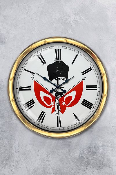 Kasva Concept Gift 40 cm Gold Metal Mustafa Kemal Atatürk Wall Clock