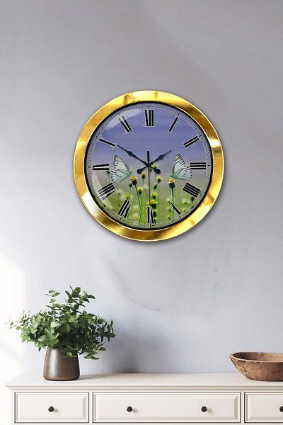 Kasva Concept Gift 36 cm Gold Metal Butterfly Wall Clock