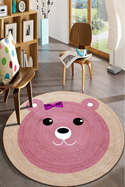 Modern home Pembe Ayıcık Figürlü Yuvarlak Halı Kolay Temizlenebilen Dijital B...