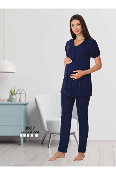 Lohussa Kadın Lacivert Kısa Kollu Geniş Yumuşacık Lohusa Hamile Pijama Takımı