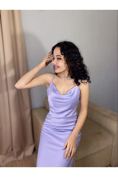 ozzıy34 Rochie de damă din satin cu bretele subțiri liliac