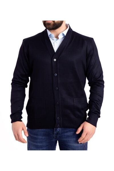 NACAR STORE Men's Navy Blue Wool Knitwear Knitted Cardigan