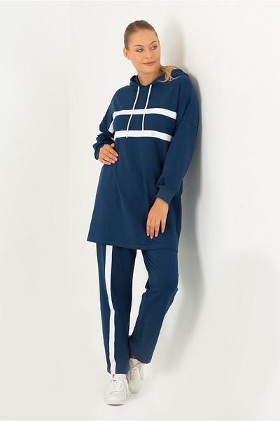Flowist Women's Large Size Indigo Striped Tracksuit Set