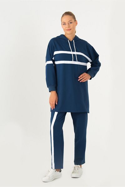 Flowist Women's Large Size Indigo Striped Tracksuit Set