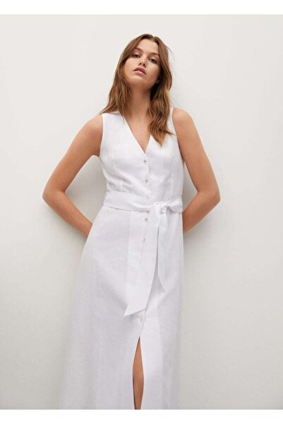 MANGO Woman Weißes Leinenkleid für Damen mit Gürtel