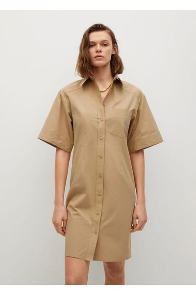MANGO Woman Rochie cămașă de damă din bumbac bej nisip