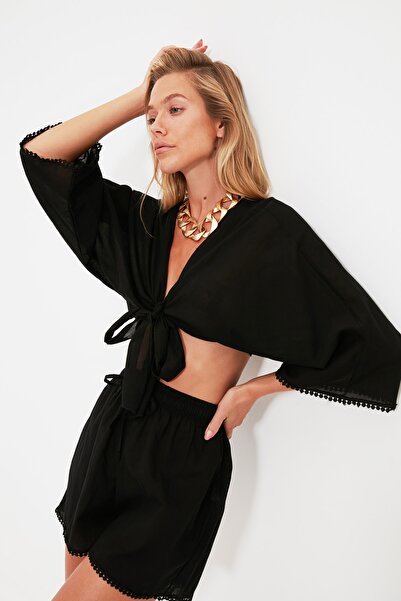 Trendyol Collection Black Tie Detailed Voile Beach Top and Bottom Set TBESS21AU0481