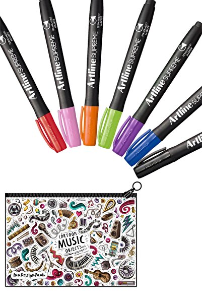 artline Supreme Permanent Markör 7 Renkli Set + Boyanabilir Kalem Kutu Music