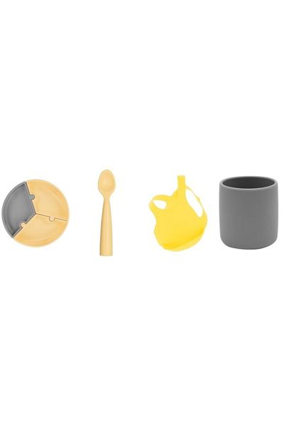OiOi Set of 4 Puzzle Plate Nam Nam Spoon Yellow Silicone Cup Gray Baby Bib Yellow