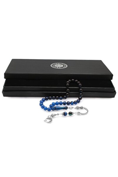 Tesbihane Kararmaz Metal Ayyıldız Püsküllü Küre Kesim Süzme Mavi-siyah Sıkma Kehribar Tesbih