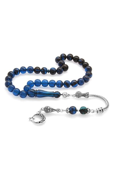 Tesbihane Kararmaz Metal Ayyıldız Püsküllü Küre Kesim Süzme Mavi-siyah Sıkma Kehribar Tesbih