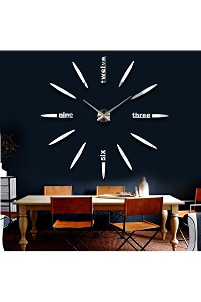 Platin Saat 3d Gümüş Ultra Büyük Boy Çizgi Yazılı Yapışkanlı Duvar Saati