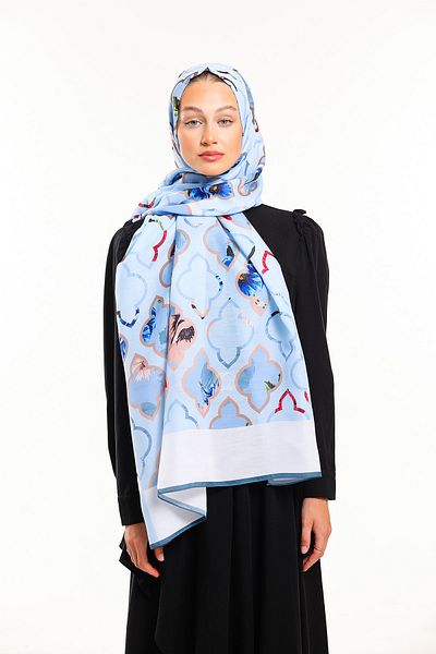 19V69 ITALIA Şal cu model geometric alb albastru Seria Pavia cu cuier eşarfe şi set cadou 90x200 cm