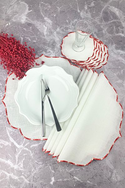 WEARE2 Gradient Red Color Embroidered 12 Piece Set Placemat And Cocktail Napkin