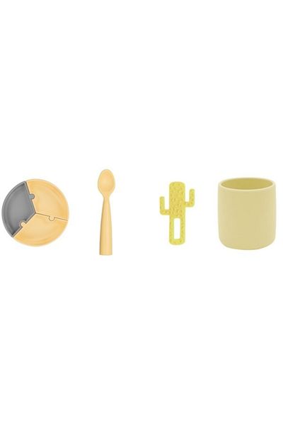 OiOi Set of 4 Puzzle Plate Teether Cactus Yellow, Silicone Cup Yellow Nam Nam Spoon Yellow