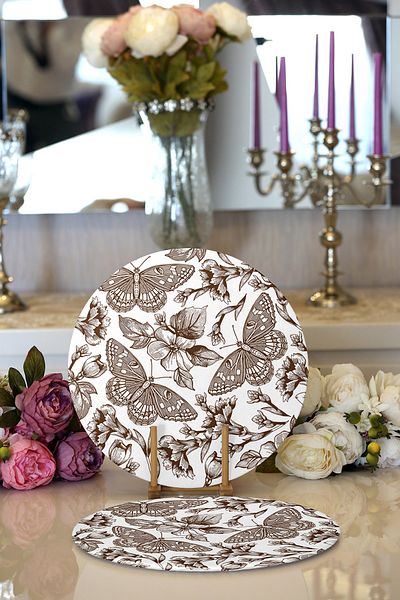 Realhomes 2-Piece Charcoal Flower & Butterfly Patterned Digital Printed Decorative Round Charcoal & Placemat