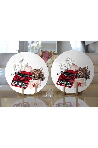 Realhomes 2-Piece Antique Typewriter Motif Digital Printed Decorative Round Charger & Placemat