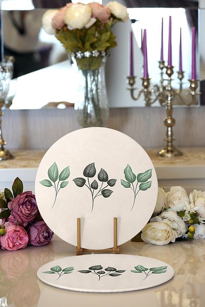 Realhomes 2-Piece Cream Floored Floral Design Digital Printed Modern Round Plate & Placemat