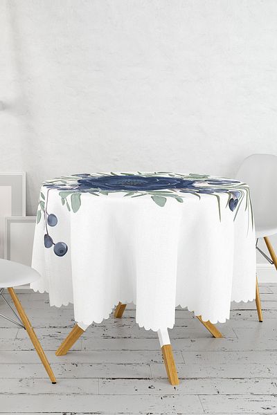 Realhomes Fata de Masa Rotunda Moderna Imprimata Digital cu Motiv Trandafir Albastru Pastel - Diametru 140 cm