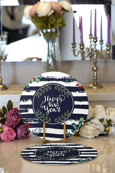 Realhomes 2-Piece Dark Blue Striped Happy New Year Motif Digital Printed Modern Round Plate & Placemat