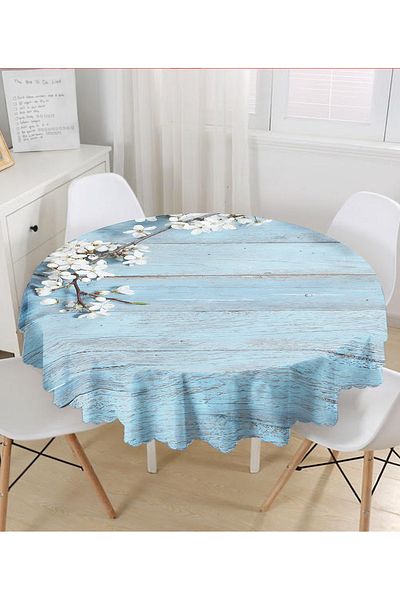 Realhomes Fata de masa rotunda cu podea din lemn albastru si motiv primavara - diametru 140cm