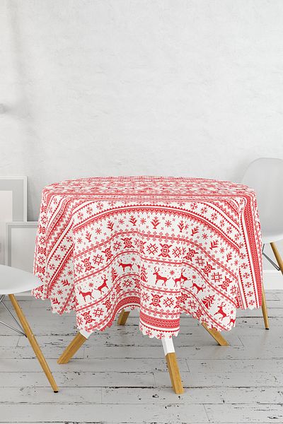 Realhomes Fata de masa rotunda cu tematica Craciunului Tesuta in carouri - Diametru 140 cm