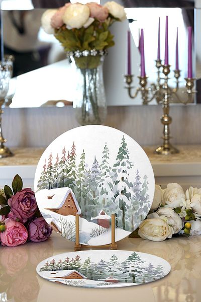 Realhomes 2-Piece Vineyard House Designed Winter Themed Digital Printed Decorative Round Plate & Placemat